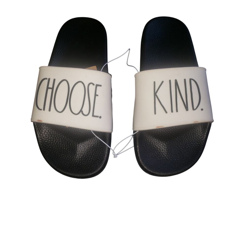 Rae Dunn Choose Kind Slide Sandals Women's Size 7 Black Ivory Flat Sliders NWT